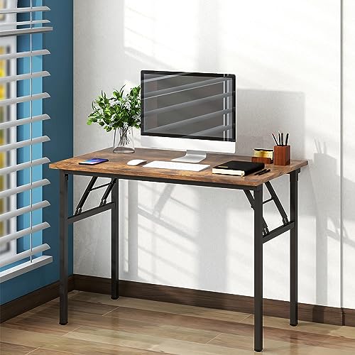 Need Folding Desk for Home Office 39-3/8 inch Length Modern Folding Table Computer Desk No Install Needed Rustic Brown Desktop Black Frame AC5FB(100 * 60) - WoodArtSupply