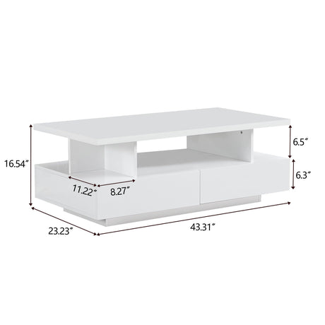 Tltaroni LED Coffee Table, Modern High Glossy Coffee Table with 4 Drawers and Open Display Shelf Wood Rectangle Center Tables with Storage for Living Room, White Tltaroni