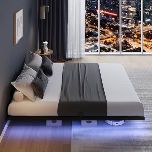 Novilla Floating Bed Frame with LED Lights, Modern Platform Queen Bed Frame with Mattress Slide Stopper, Easy Assembly, No Box Spring Needed, Noise Free Novilla