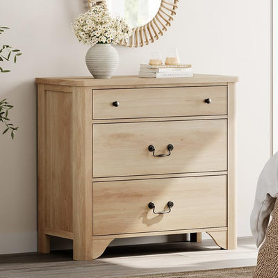 WAMPAT 3 Drawer Dresser for Bedroom, 31.5" Farmhouse Dresser, Kids Dressers for Nursery with Wide Chest of Drawers for Bedroom, Living Room, Oak