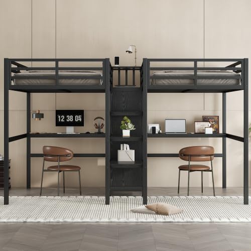 Harper & Bright Designs Double Loft Bed Twin Size with Desk and Wardrobe for 2, Heavy Duty Metal Loft Bed Frame with Storage Shelf and Electrical Outlet, Black Harper & Bright Designs