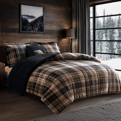 Woolrich Reversible Comforter Set Ultra Soft Plush to Sherpa, Down Alternative, Cold Weather Winter Warm Bedding, with Matching Sham, Decorative Pillow Brown/Black Full/Queen 4 Piece Woolrich John Rich & Bros.