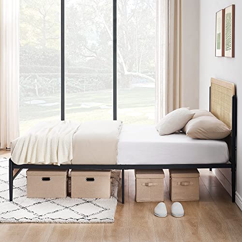 Amyove Queen Size Platform Bed Frame with Rattan Headboard and Rounded Corners - WoodArtSupply