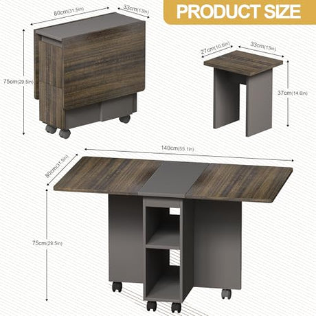 5 Pieces Folding Dining Table Set for 4-6 People,55 Inch Folding Dinner Table with 4 Chairs -Space-Saving Kitchen Dining Set with 6 wheels and 2-Layer Storage Shelf for Dining Room Small Apartment SYMCAVE