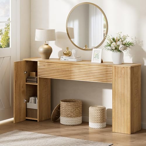 FABATO 61'' Fluted Long Console Table, Wooden Rectangular Sofa Table Behind The Couch, Narrow Entryway Table with 2 Hidden Storage Cabinets for Entrance, Hallway, Living Room, Foyer, Wood FABATO
