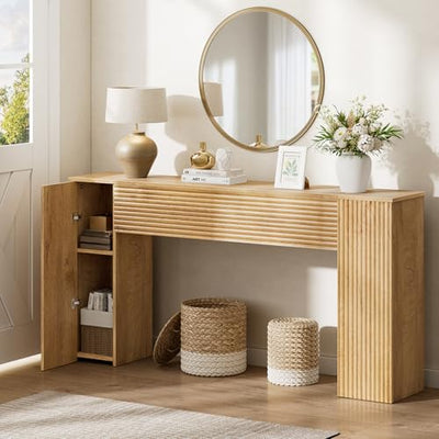 FABATO 61'' Fluted Long Console Table, Wooden Rectangular Sofa Table Behind The Couch, Narrow Entryway Table with 2 Hidden Storage Cabinets for Entrance, Hallway, Living Room, Foyer, Wood
