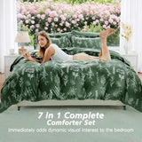 MUXHOMO Dark Green Bed in a Bag Queen 7 Pieces, Queen Comforter Set Reversible Botanical Flowers Design, Ultra Soft & Breathable Bedding Sets with Comforter, Sheets, Pillowcases & Shams
