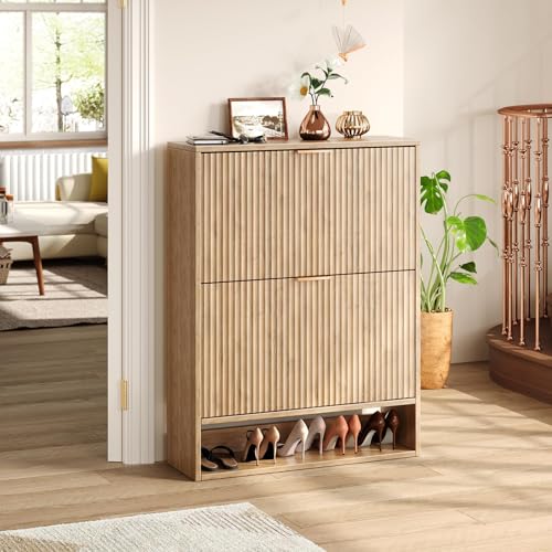 Hootata 31.5''W Oak Shoe Storage Cabinet for Entryway with 2 Flip Drawers, Narrow Wood Fluted Shoe Rack Cabinet,Freestanding Slim Shoe Organizer Cabinet for Foyer, Hallway Hootata