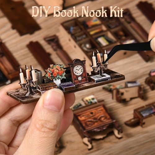 KERNOWO Book Nook Kit, DIY 3D Wooden Puzzles for Adults, Teens and Beginners, Miniature Tiny House Kit for Bookshelf Decor, Bookish Gift for Family, Friends, Book Lovers (Library)