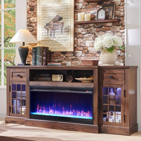 ACCOHOHO Farmhouse Fireplace TV Stand for 80 Inch TV, Entertainment Center w/ 36'' Electric Fireplace & LED Lights, Mordern Media Console with Storage Drawers & Cabinets for Living Room, Brown ACCOHOHO