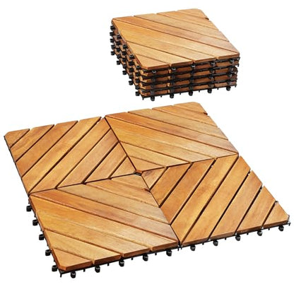 PrimeZone 9 PCS FSC Certified Acacia Wood Interlocking Patio Deck Tiles - 12" x 12" Indoor Outdoor Waterproof Flooring Tiles for Balcony, Backyard & Poolside, All Weather Use, Natural Wood, Diagonal