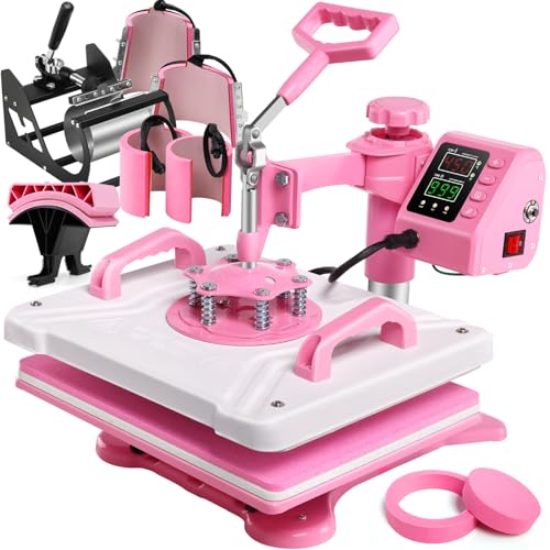 Whubefy 8 in 1 Heat Press Machine for T Shirts 12x15 Inch with Dual-Tube Fast & Evenly Heating System for Mug Plate Hat Cap 360° Swing Away Multifunctional Digital Heat Transfer Sublimation Combo Pink Whubefy