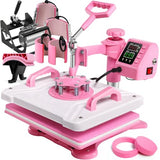 Whubefy 8 in 1 Heat Press Machine for T Shirts 12x15 Inch with Dual-Tube Fast & Evenly Heating System for Mug Plate Hat Cap 360° Swing Away Multifunctional Digital Heat Transfer Sublimation Combo Pink Whubefy