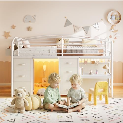 Low Loft Bed Twin Size with 7 Storage Drawers, Desk and LED Lights, Heavy Duty Metal Kids Loft Bed with 12" H Safety Guardrail, Anti-Collision Pad, Private Play Curtain, Under-Bed Play Space (White) Jocoevol