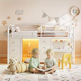 Low Loft Bed Twin Size with 7 Storage Drawers, Desk and LED Lights, Heavy Duty Metal Kids Loft Bed with 12" H Safety Guardrail, Anti-Collision Pad, Private Play Curtain, Under-Bed Play Space (White) Jocoevol