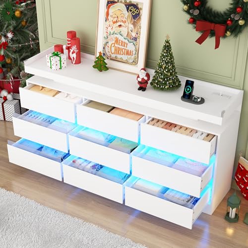 Hlivelood 9 Drawer Dresser with Power Outlet & LED Light, Modern Chest of Drawers for Closet Modern Large Dresser Organizer Cabinet for Bedroom, Living Room, White Hlivelood