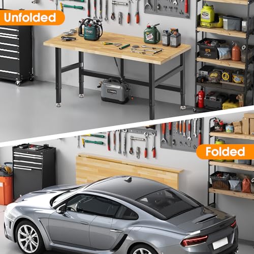 MUWOOD 48”Folding Workbench, 2000 LBS Capacity Heavy Duty Workbench, Height Adjustable Foldable Work Table, Rubberwood Collapsible Desk for Workshop, Garage, Office, Home MUWOOD