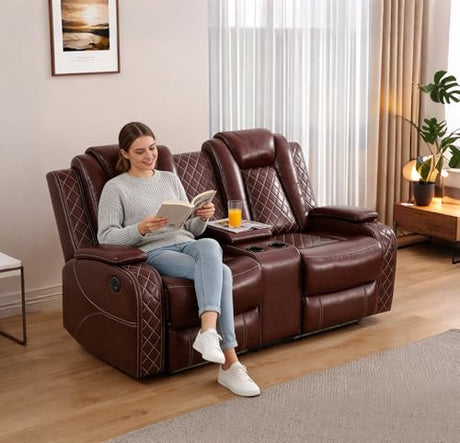 Ocstta Breathing Leather Power Recliner Sofa Set, Reclining Couch Set with LED Light/Cup Holders/Storage, 3 Piece Living Room Set 3 Seat Sofa Loveseat and Chair for Home Theater (Auburn) Ocstta