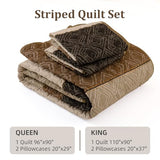 Boho Queen Quilt Set,Striped Plaid Bedspread Coverlet Set,Light Brown Bedding Set Soft Microfiber Bedding Set with 2 Pillow Shams 96"x90" Cottolester