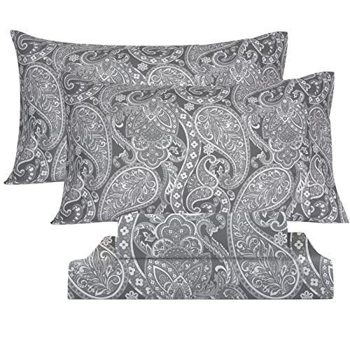 KACEMOO Bed Sheets Queen Size, 4 Piece Gray Paisley Sheets, 17" Deep Pocket Floral Pattern Sheets Queen, Soft Luxury Brushed Microfiber Sheets, Easy Care Breathable Bedding Set KACEMOO