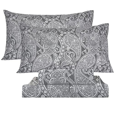 KACEMOO Bed Sheets Queen Size, 4 Piece Gray Paisley Sheets, 17" Deep Pocket Floral Pattern Sheets Queen, Soft Luxury Brushed Microfiber Sheets, Easy Care Breathable Bedding Set