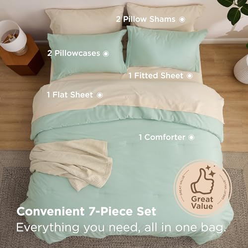 Bedsure King Size Comforter Set Sage Green, 7 Pieces Lightweight King Bedding Sets Boho, Bed in a Bag with Comforter, Sheets, Pillowcases & Shams, Contrasting Design Bedsure