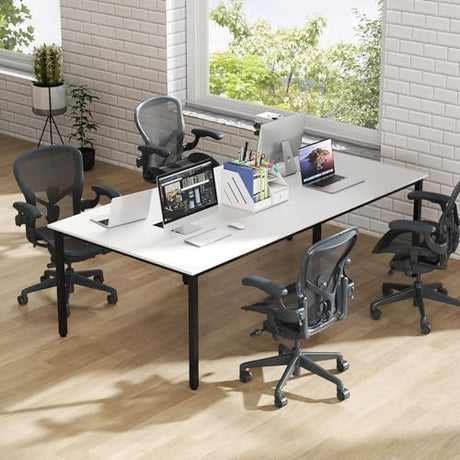 Nightcore Rectangle Conference Table for 10, 8 ft Large Seminar Table with 2 Cable Grommets, Modern Industrial Office Computer Desk with Metal Legs for Boardroom, Meeting Room, White Goplus