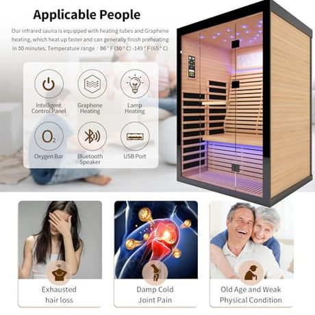 RIGO 2 Person Infrared Sauna for Home - Canadian Hemlock Luxury Spa with Exclusive Star Sky Roof & Oxygen Bar, 7 Low EMF Graphene Heaters, Bluetooth RIGO