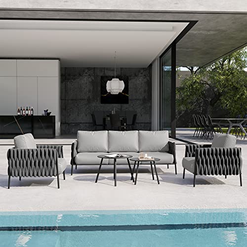 EAST OAK Life Chatter Patio Furniture Set 5 Pieces, Outdoor Furniture 5-Seat Sofa with Two Round Coffee Table, Waterproof Thick Cushion Deep Seating for Porch, Balcony, Earth Black & Misty Grey EAST OAK