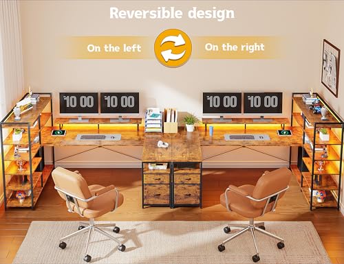 DurayLoly L Shaped Desk with Monitor Stand, 63'' Reversible U Shaped Office Desk with 6 Tire Storage Shelves & 2 Fabric Drawers, Gaming Desk with Power Outlet & LED Strip, Rustic Brown DurayLoly