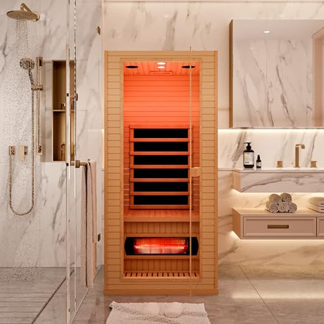 BNEHS Infrared Sauna for Home, 1 Person Full Spectrum Infrared Sauna, Indoor Dry Roomy Sauna with Rapid Heating 4 Carbon Panels&1 Carbon Tube, 7 Color Therapy Lights, 110V BNEHS