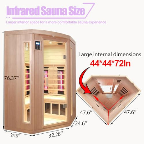 KUNSANA Ceramic Infrared Sauna, 2-3 Person Home Sauna, Canadian Hemlock Indoor Corner Sauna Spa, Wooden Sauna Room, 5 Low EMF Heaters + 4 Ceramic Tubes, Bluetooth Speakers, Chromotherapy Lights KUNSANA
