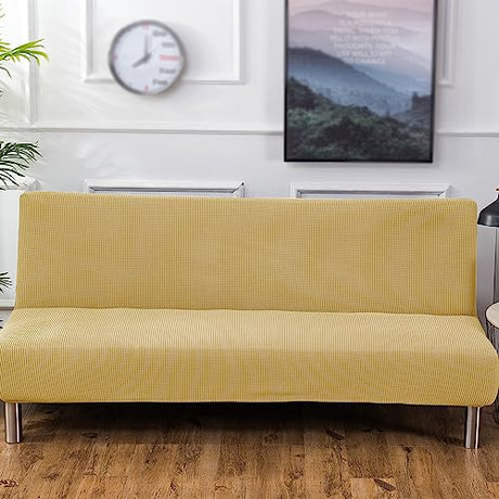 Stretch Futon Cover, Couch Cover for Futon, Armless Sofa Cover, Foldable Sofa Bed Slipcover Without Armrest, Universal Sofa Slipcover Furniture Protector for Kid, Pet(Small Checks Light Yellow,Medium) SHEKAKO