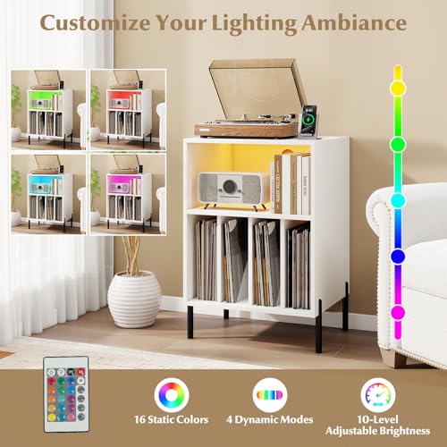 LOKO Record Player Stand with LED Lights, Turntable Stand with Charging Station, Vinyl Storage Holder with Sturdy Metal Legs, Album Display Shelf for Living Room, Bedroom (White) LOKO