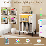 LOKO Record Player Stand with LED Lights, Turntable Stand with Charging Station, Vinyl Storage Holder with Sturdy Metal Legs, Album Display Shelf for Living Room, Bedroom (White) LOKO