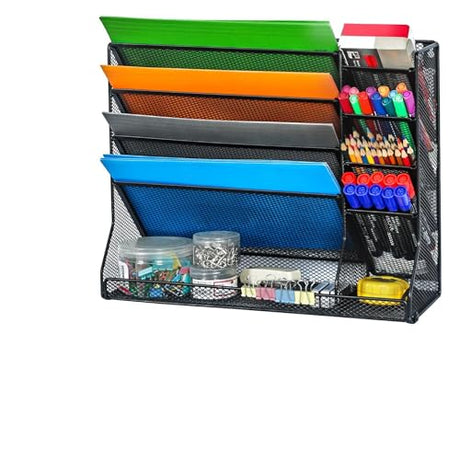 Jakyitvi File Organizer Wall Mounted, 4 Tiers Durable Adjustable Metal Desk Organizer, Desktop Hanging File Holder with 4 Pen Slots Stable, 4 Pull-Out Divider for File, Mail, Black, Patent Pending Jakyitvi