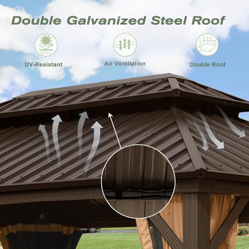 Domi Hardtop Gazebos 12x16FT, Aluminum Metal Gazebo with Galvanized Steel Double Roof Canopy, Curtain and Netting, Permanent Gazebo Pavilion for Patio, Backyard, Deck and Lawn, Brown - WoodArtSupply