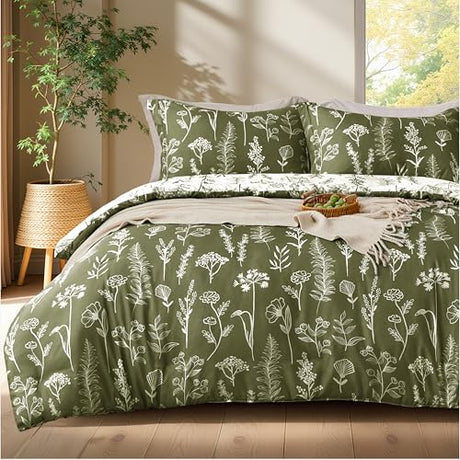 Joiedomi Queen Comforter Set Olive Green, 3 Pieces Floral Queen Bedding Set with 1 Soft Reversible Botanical Comforter and 2 Pillow Shams, Bed in a Bag for All Seasons Joiedomi