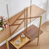 Pine Flicker Rectangle Glass Console Table, Mid-Century Modern Design, L41*W14*H32 inch, for Living Room, Amber Glass Top and Walnut Finish Wood Shelf, Conical Metal Legs with Gold Finish Pine Flicker