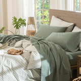 MooMee Bedding Sheet Set 100% Washed Cotton Linen Like Textured Breathable Durable Soft Comfy (Heathered Green, King) MooMee