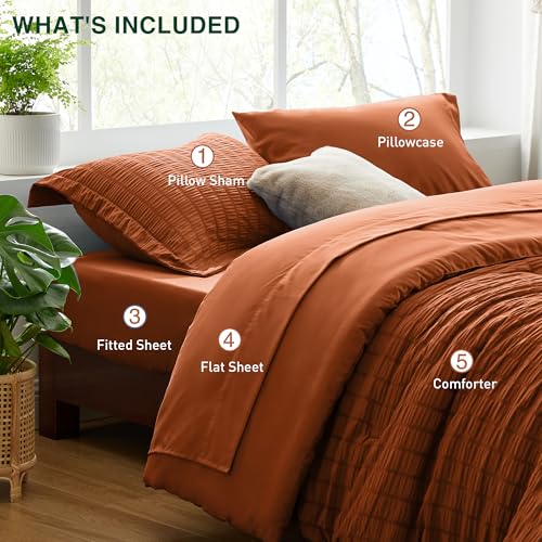 Love's cabin Seersucker Terracotta Twin Comforter Set, 5-Piece All Season Lightweight Bed in a Bag Bedding Set with Comforter, Flat Sheet, Fitted Sheet, Pillowcase and Sham Love's cabin