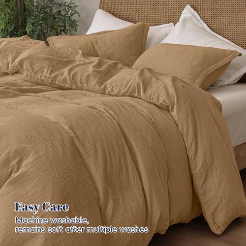 PHF 100% Natural Cotton Muslin Duvet Cover Set Queen Size, Ultra Soft Breathable Absorbent, Luxurious Minimalist Gauze Bedding for All Season, Duvet Set with 2 Pillow Shams, 90" x 90", Brown PHF