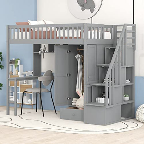 Harper & Bright Designs Twin Size Loft Bed with Desk, Wood Loft Bed Frame with Wardrobe, Bookshelf and Drawers, Gray Harper & Bright Designs