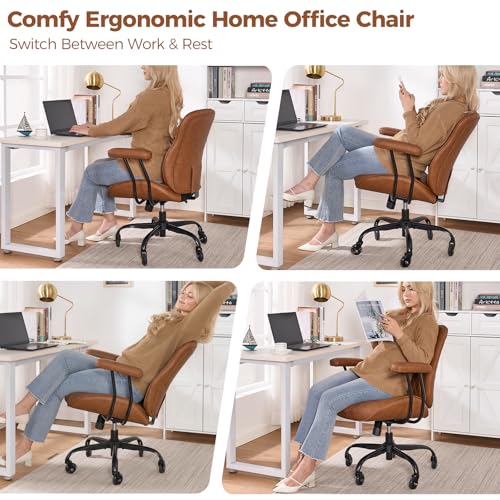 BEWISHOME Home Office Chair, Brown Office Chairs with Wheels, Leather Office Chair, Ergonomic Office Chairs with Lumbar Support, Mid Century Modern Executive Computer Chair BBY01Z BEWISHOME