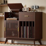 IRONCK Large Record Player Stand, 500+ Vinyl Record Storage Cabinet with Drawer, Record Player Table with Sliding Door & Flip-Top, Mid-Century Modern Turntable Stand for Living Room, Red Walnut IRONCK