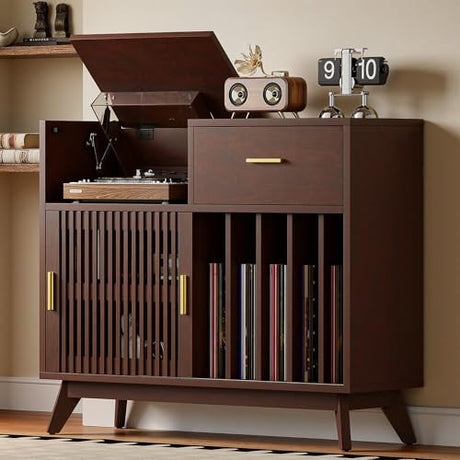 IRONCK Large Record Player Stand, 500+ Vinyl Record Storage Cabinet with Drawer, Record Player Table with Sliding Door & Flip-Top, Mid-Century Modern Turntable Stand for Living Room, Red Walnut IRONCK
