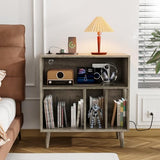 VINGLI Record Player Stand with Open Vinyl Storage, Mid-Century Album Storage Table with LED Light up to 300 Albums, Vinyl Record Player Shelf with Power Outlet for Living Room, Grey Oak VINGLI