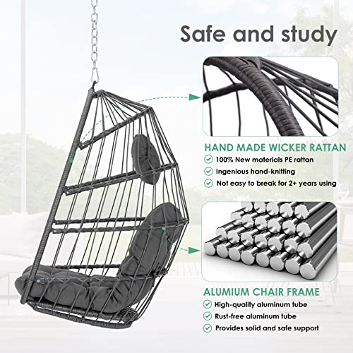 Hanging Egg Chair - Patio Rattan Wicker Swing Egg Chair Hammock Chair for Indoor Outdoor Bedroom Garden - Aluminum Steel Frame UV Resistant Cushion (Aluminum-Without Stand, Dark Grey) XIAO WEI