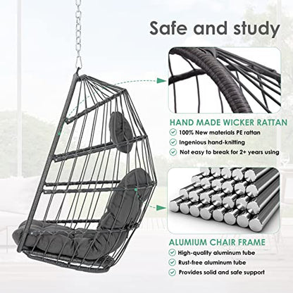 Hanging Egg Chair - Patio Rattan Wicker Swing Egg Chair Hammock Chair for Indoor Outdoor Bedroom Garden - Aluminum Steel Frame UV Resistant Cushion (Aluminum-Without Stand, Dark Grey)