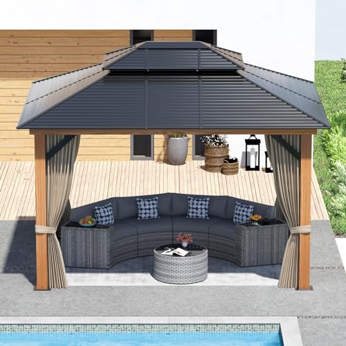 WELYAS Aluminum Hardtop Gazebo 10' X 12' Heavy Duty All Weather Wood Color Gazebos with Galvanized Steel Double Metal Roof for Garden Patio Deck Backyard, Curtains and Netting Included - WoodArtSupply